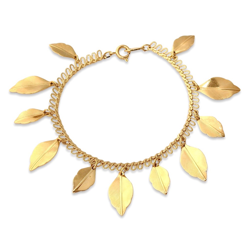 Vintage Trifari Leaf Charm Bracelet Gold Plated Dangle Leaves